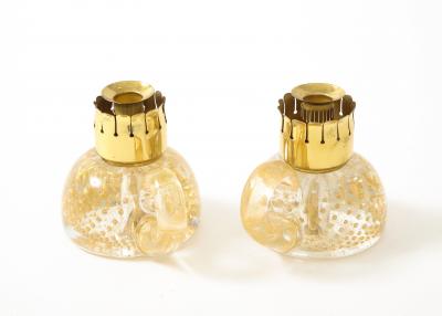 Archimede Seguso Pair of Candle Holders in Transparent Glass Gold Leaf Inclusions by Seguso
