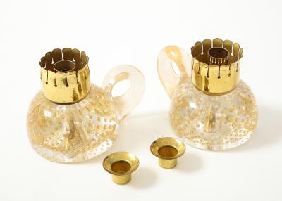 Archimede Seguso Pair of Candle Holders in Transparent Glass Gold Leaf Inclusions by Seguso