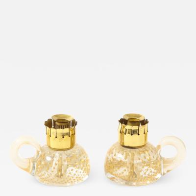 Archimede Seguso Pair of Candle Holders in Transparent Glass Gold Leaf Inclusions by Seguso