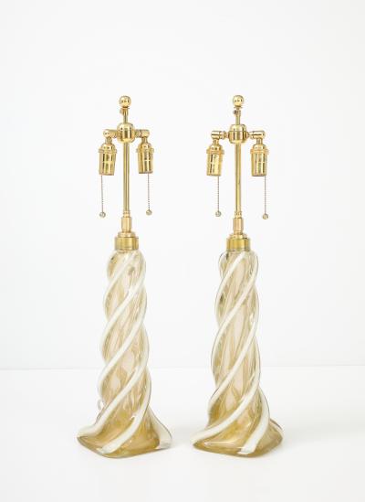 Archimede Seguso Pair of Large Gold Murano Ribbon Twist Lamps by Seguso