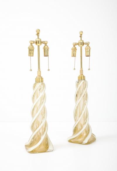 Archimede Seguso Pair of Large Gold Murano Ribbon Twist Lamps by Seguso