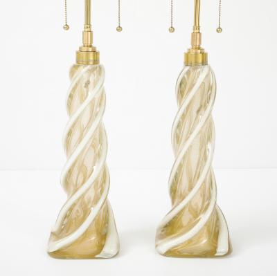 Archimede Seguso Pair of Large Gold Murano Ribbon Twist Lamps by Seguso