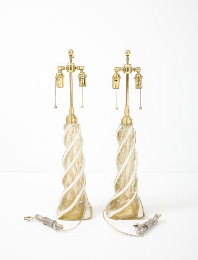 Archimede Seguso Pair of Large Gold Murano Ribbon Twist Lamps by Seguso
