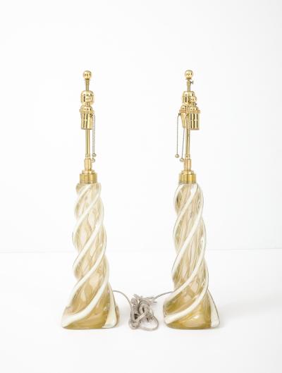 Archimede Seguso Pair of Large Gold Murano Ribbon Twist Lamps by Seguso
