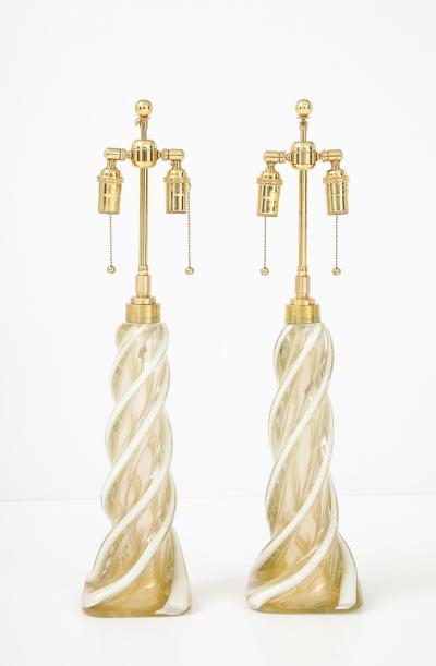 Archimede Seguso Pair of Large Gold Murano Ribbon Twist Lamps by Seguso
