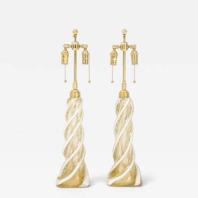 Archimede Seguso Pair of Large Gold Murano Ribbon Twist Lamps by Seguso