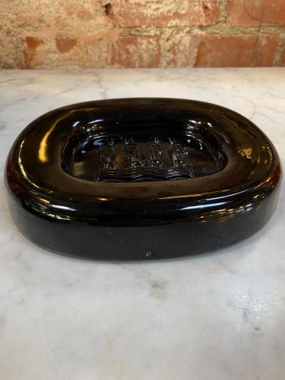 Archimede Seguso Vintage Murano Seguso Ashtray Bowl Black w Embossed Horses Italian 1950