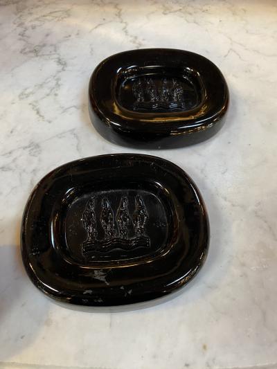 Archimede Seguso Vintage Murano Seguso Ashtray Bowl Black w Embossed Horses Italian 1950