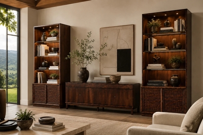 Architectural Brazilian Modern Style Bookcases in Aged Reclaimed Rosewood Pair