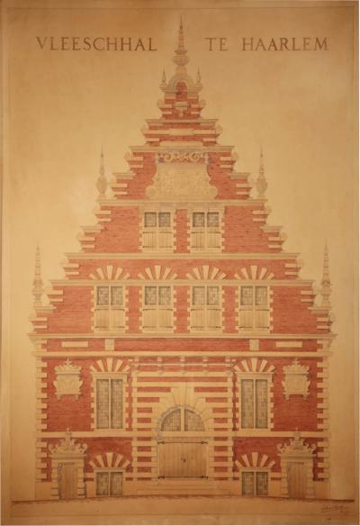 Architectural Watercolour Pen Drawing Of Vleeschhal Te Haarlem Build in 1603 