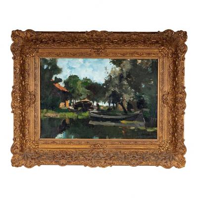 Arend Jan Van Driesten Plain Air Landscape Oil Painting of a Lakeside Cabin
