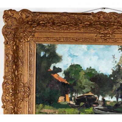 Arend Jan Van Driesten Plain Air Landscape Oil Painting of a Lakeside Cabin