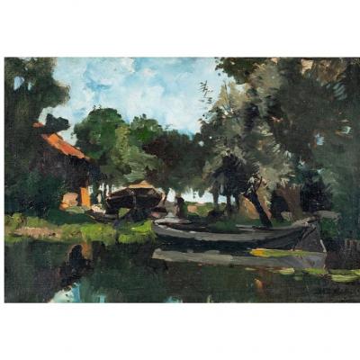 Arend Jan Van Driesten Plain Air Landscape Oil Painting of a Lakeside Cabin