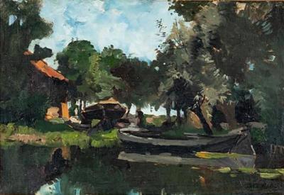 Arend Jan Van Driesten Plain Air Landscape Oil Painting of a Lakeside Cabin