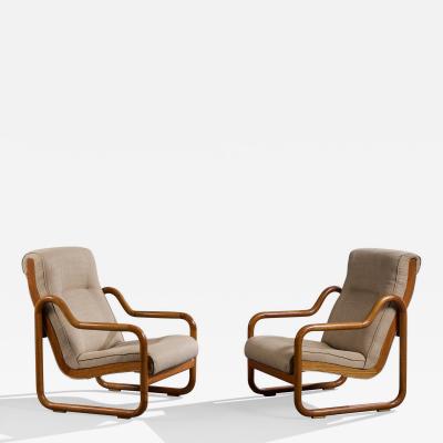 Argentine Designer Lounge Chairs with Oak and Fabric Argentina 1970s