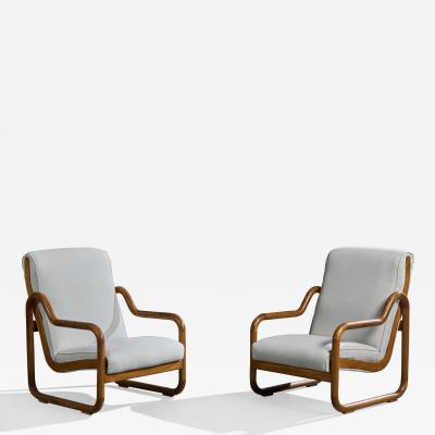 Argentine Designer Lounge Chairs with Oak and Fabric Argentina 1970s