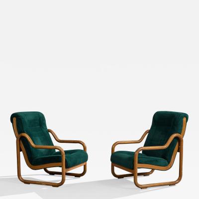 Argentine Designer Lounge Chairs with Oak and Velvet Argentina 1970s
