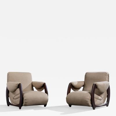 Argentine Designer Lounge Chairs with Wood and Fabric Argentina 1970s