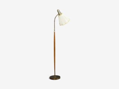 Armaturhantverk Tibro Floor Lamp Teak Brass Silk Sweden 1960s