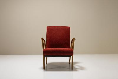 Armchair In Walnut And Burgundy Upholstery Italy 1960s