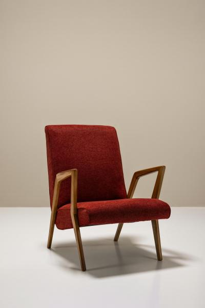 Armchair In Walnut And Burgundy Upholstery Italy 1960s