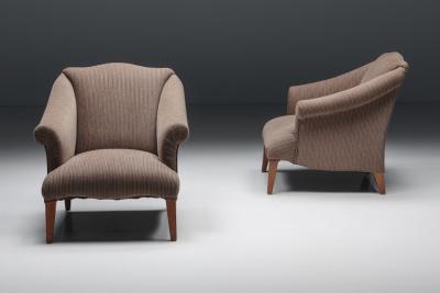 Armchair in Striped Upholstery Wooden Legs Europe circa 1950s