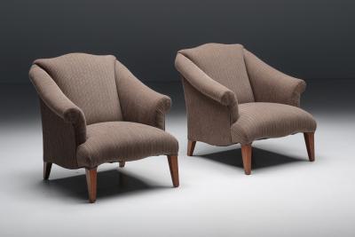 Armchair in Striped Upholstery Wooden Legs Europe circa 1950s