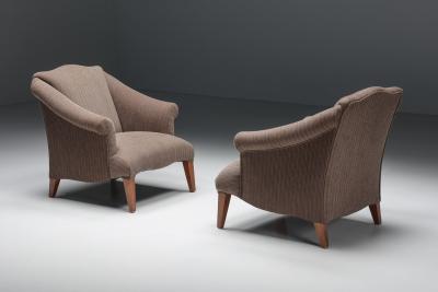 Armchair in Striped Upholstery Wooden Legs Europe circa 1950s