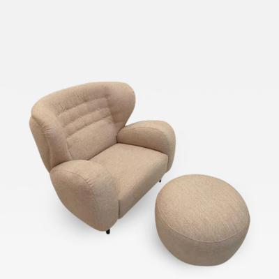 Armchair with Ottoman in Beige Fabric