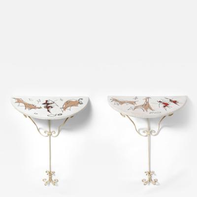 Arnaldo Miniati Pair of Ceramic and Iron Demi Lune Wall Consoles Italy 1959