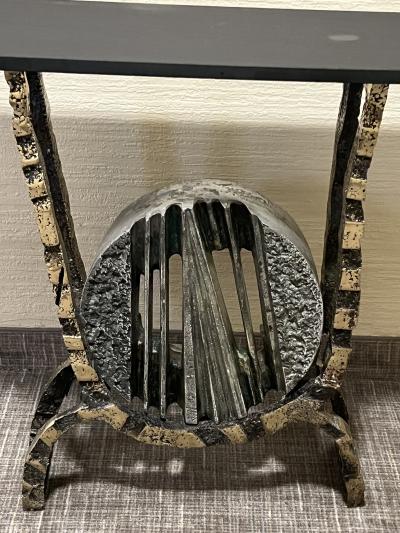 Arnaldo Pomodoro EXTRAORDINARY BRUTALIST SCULPTED BRONZE AND BLACK SLATE TOP CONSOLE