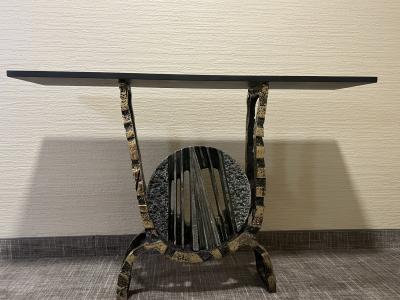 Arnaldo Pomodoro EXTRAORDINARY BRUTALIST SCULPTED BRONZE AND BLACK SLATE TOP CONSOLE