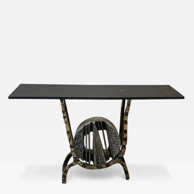 Arnaldo Pomodoro EXTRAORDINARY BRUTALIST SCULPTED BRONZE AND BLACK SLATE TOP CONSOLE