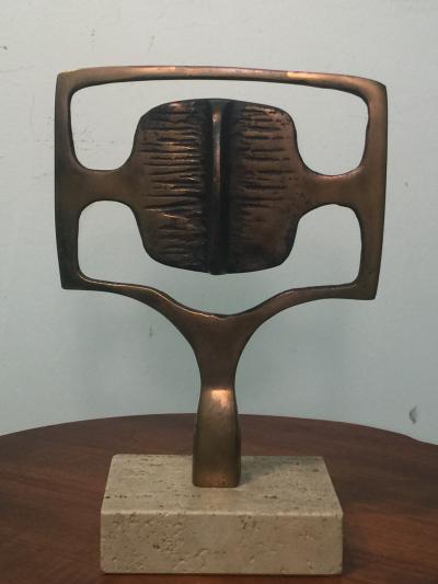 Arnaldo Pomodoro MODERNIST BRONZE AND TRAVERTINE MARBLE PAIR OF SCULPTURES