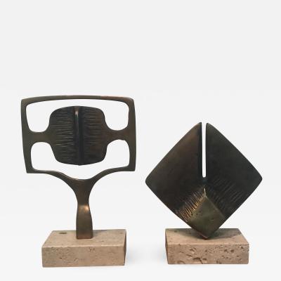 Arnaldo Pomodoro MODERNIST BRONZE AND TRAVERTINE MARBLE PAIR OF SCULPTURES