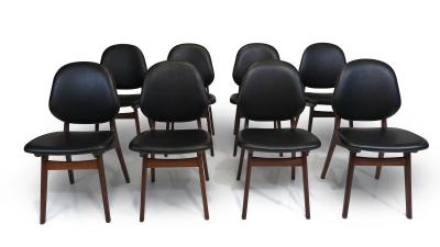 Arne Hovmand Olsen Eight Arne Hovmand Olsen Black Leather Danish Dining Chairs