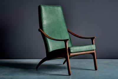 Arne Hovmand Olsen Highback Lounge Chair in Teak and Green Leather by Arne Hovmand Olsen