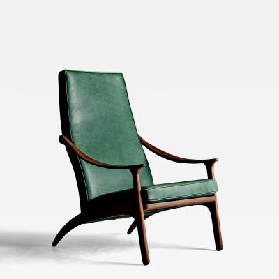 Arne Hovmand Olsen Highback Lounge Chair in Teak and Green Leather by Arne Hovmand Olsen