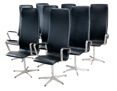Arne Jacobsen Set of Eight Aluminum Leather Highback Chairs by Arne Jacobsen
