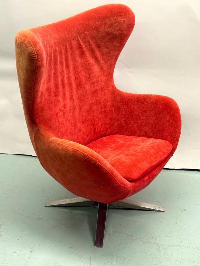 Arne Jacobsen Vintage Danish Organic Modern Egg Chair in Red Orange Velvet attr Arne Jacobsen