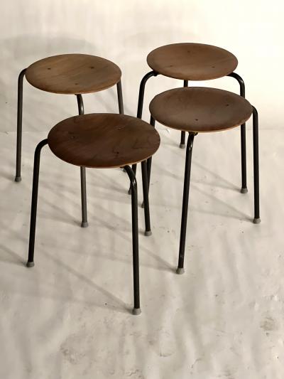 Arne Jacobsen set of 4 vintage three legged teak stools in the style of Arne Jacobsen Dot