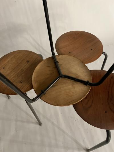 Arne Jacobsen set of 4 vintage three legged teak stools in the style of Arne Jacobsen Dot