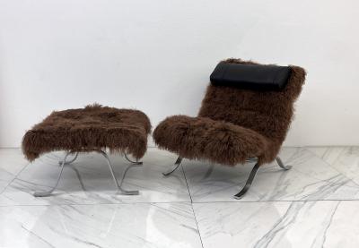 Arne Norell Arne Norell Ari Chair Ottoman in Chocolate Mongolian Sheepskin 1970s Sweden
