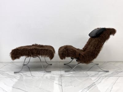Arne Norell Arne Norell Ari Chair Ottoman in Chocolate Mongolian Sheepskin 1970s Sweden