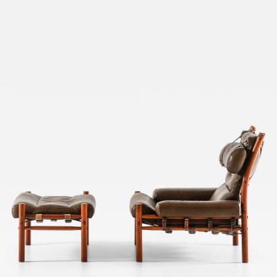 Arne Norell Inca Easy Chair and Stool in Beech Brass Leather by Arne Norell 1960s
