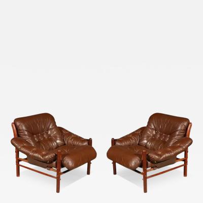 Arne Norell Pair of Brown Tufted Leather Chairs by Arne Norell