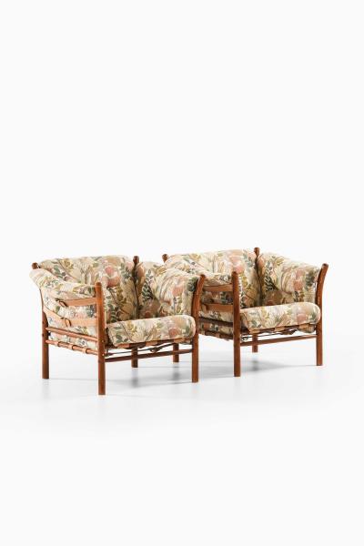 Arne Norell Pair of Indra Easy Chairs in Beech Brass Leather by Arne Norell 1970s