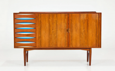 Arne Vodder Arne Vodder Rosewood Credenza with Blue White Drawers Denmark 1960