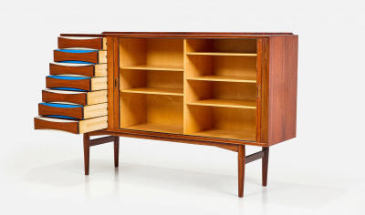 Arne Vodder Arne Vodder Rosewood Credenza with Blue White Drawers Denmark 1960