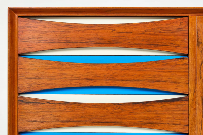 Arne Vodder Arne Vodder Rosewood Credenza with Blue White Drawers Denmark 1960